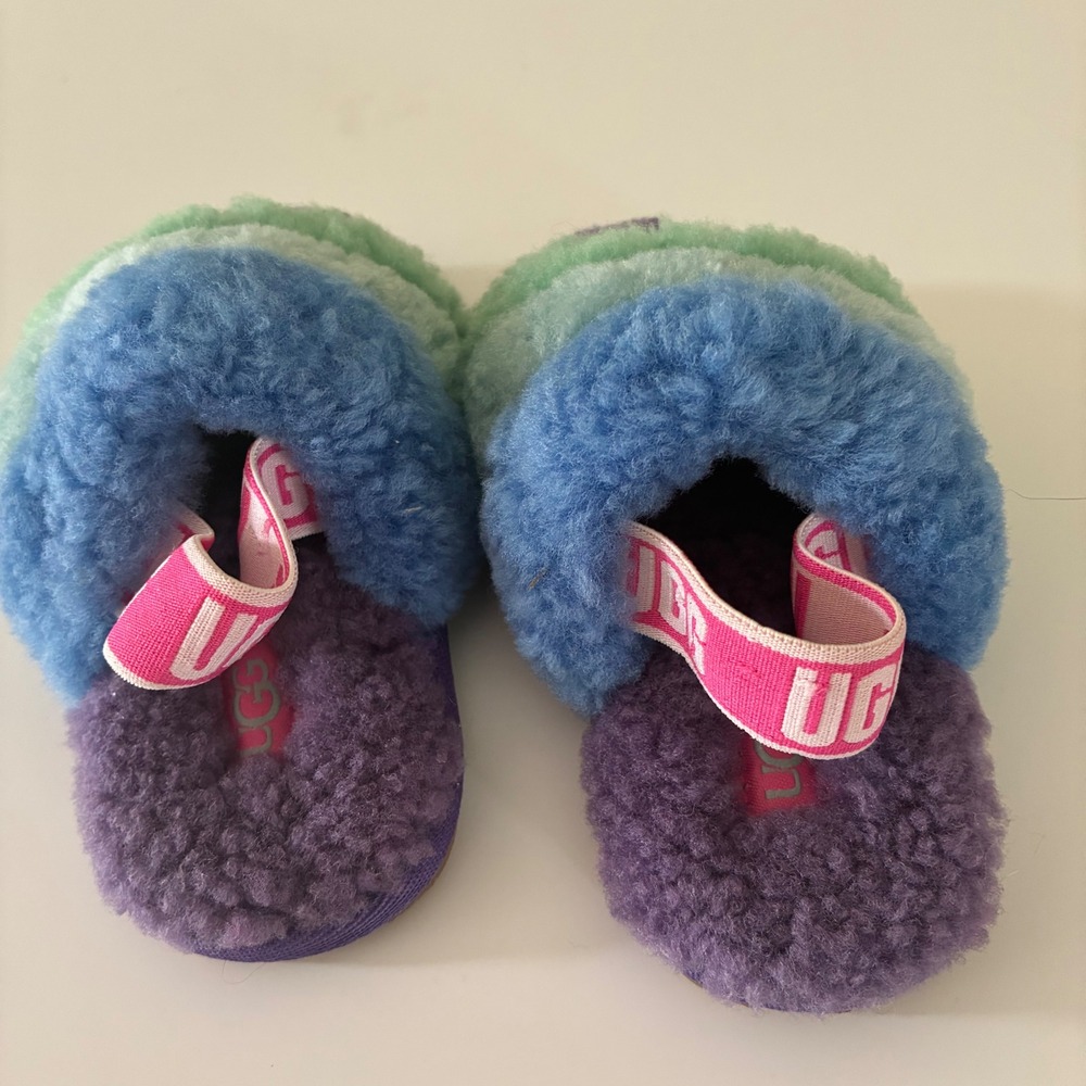UGG Toddler Size 6 Fluff Yeah Slide Kids Multi-Color Striped Sheepskin Slippers - Picture 4 of 10